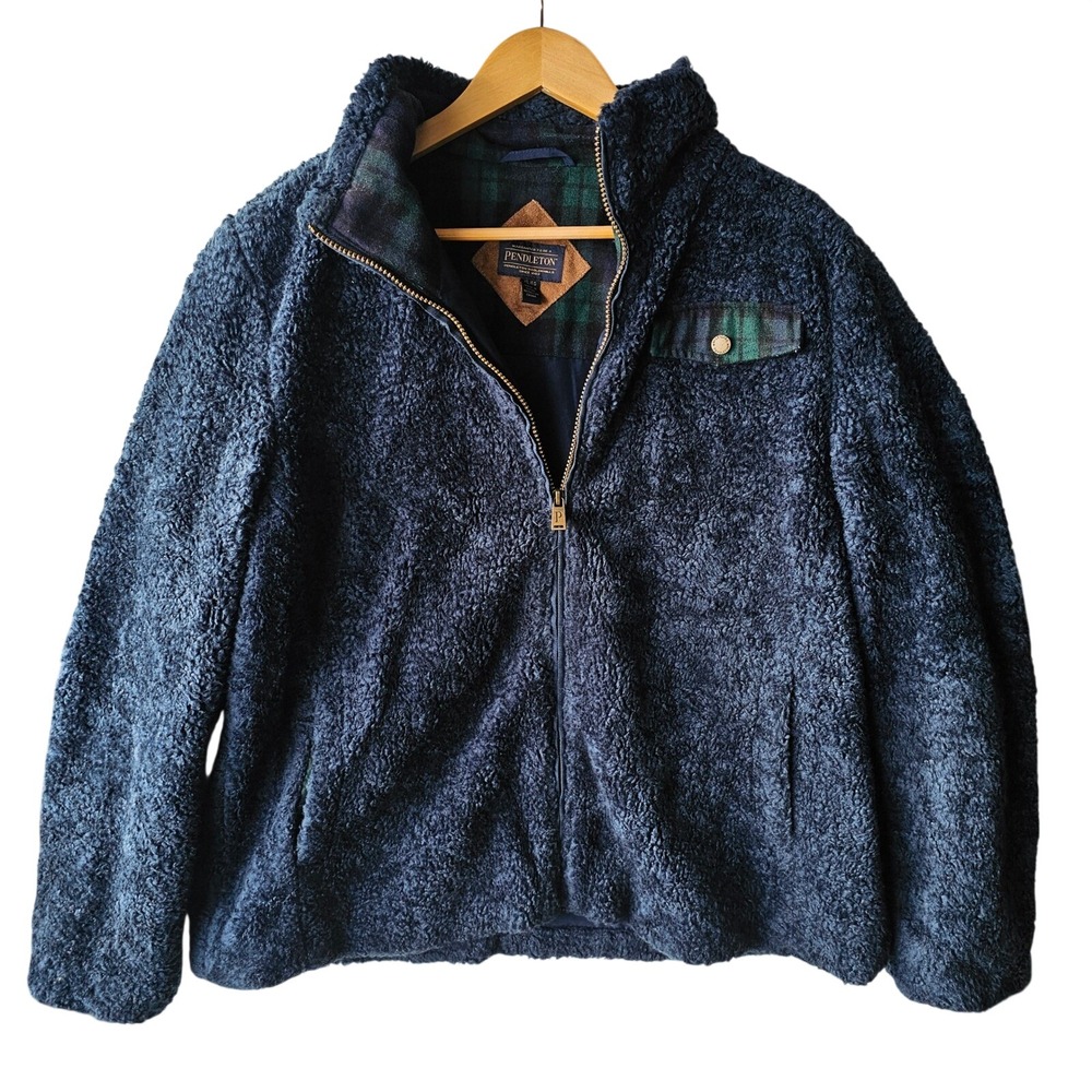 Pendleton Sherpa Fuzzy Fleece Zip Up‎ Coat Jacket Plaid Trim Dark Blue Womens XL